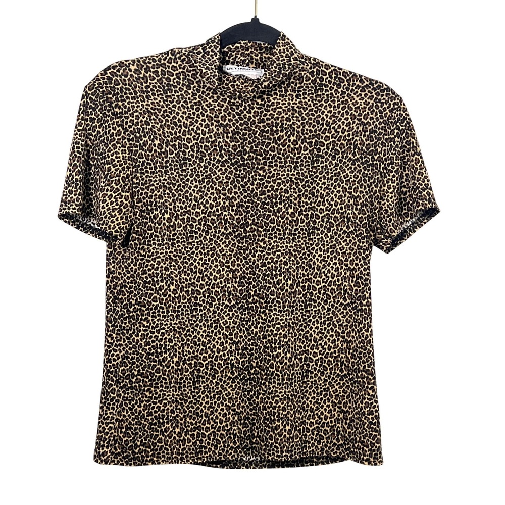 Ultimate Blues Vintage Sheer Leopard Print Edgy Short Sleeve Tan Brown Top Large